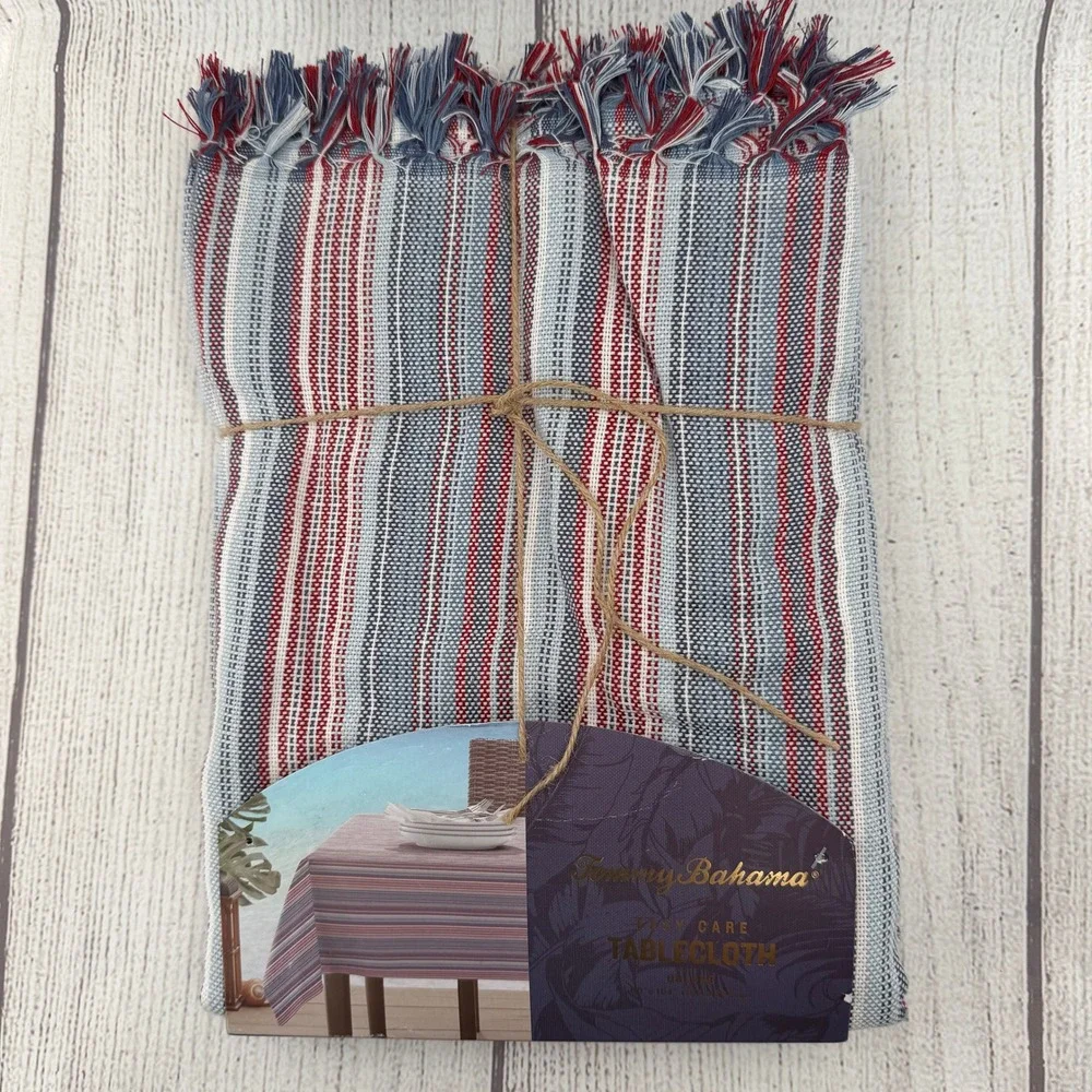 Tommy Bahama Tablecloth 60x104 Blue Red White Striped Coastal Woven Fringed